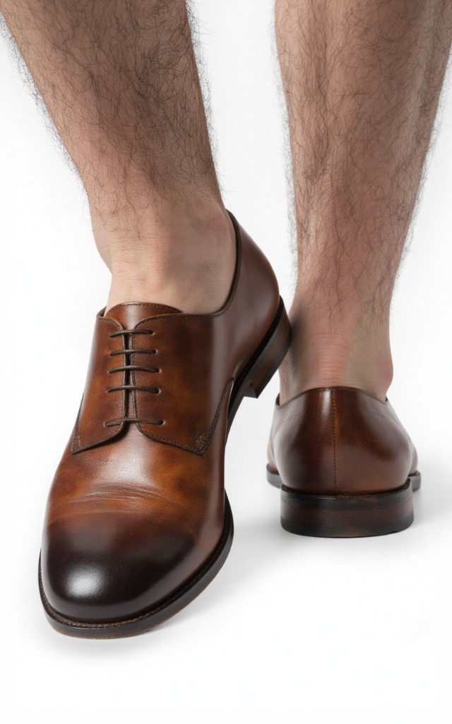 A male model wearing Leather shoes with burnished finish, against a white background, with a close   up of the feet